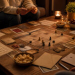 Soirée jeux à la maison avec plateau, cartes, dés et ambiance chaleureuse