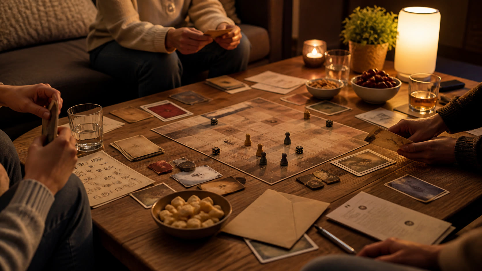 Soirée jeux à la maison avec plateau, cartes, dés et ambiance chaleureuse