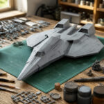 Grande maquette d’aéronef de science-fiction sur un établi de modélisme avec peintures et pinceaux