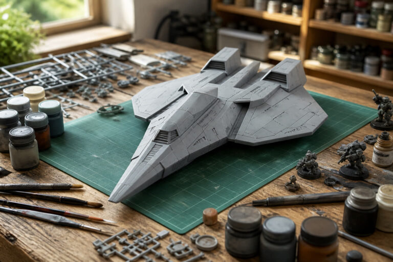 Grande maquette d’aéronef de science-fiction sur un établi de modélisme avec peintures et pinceaux